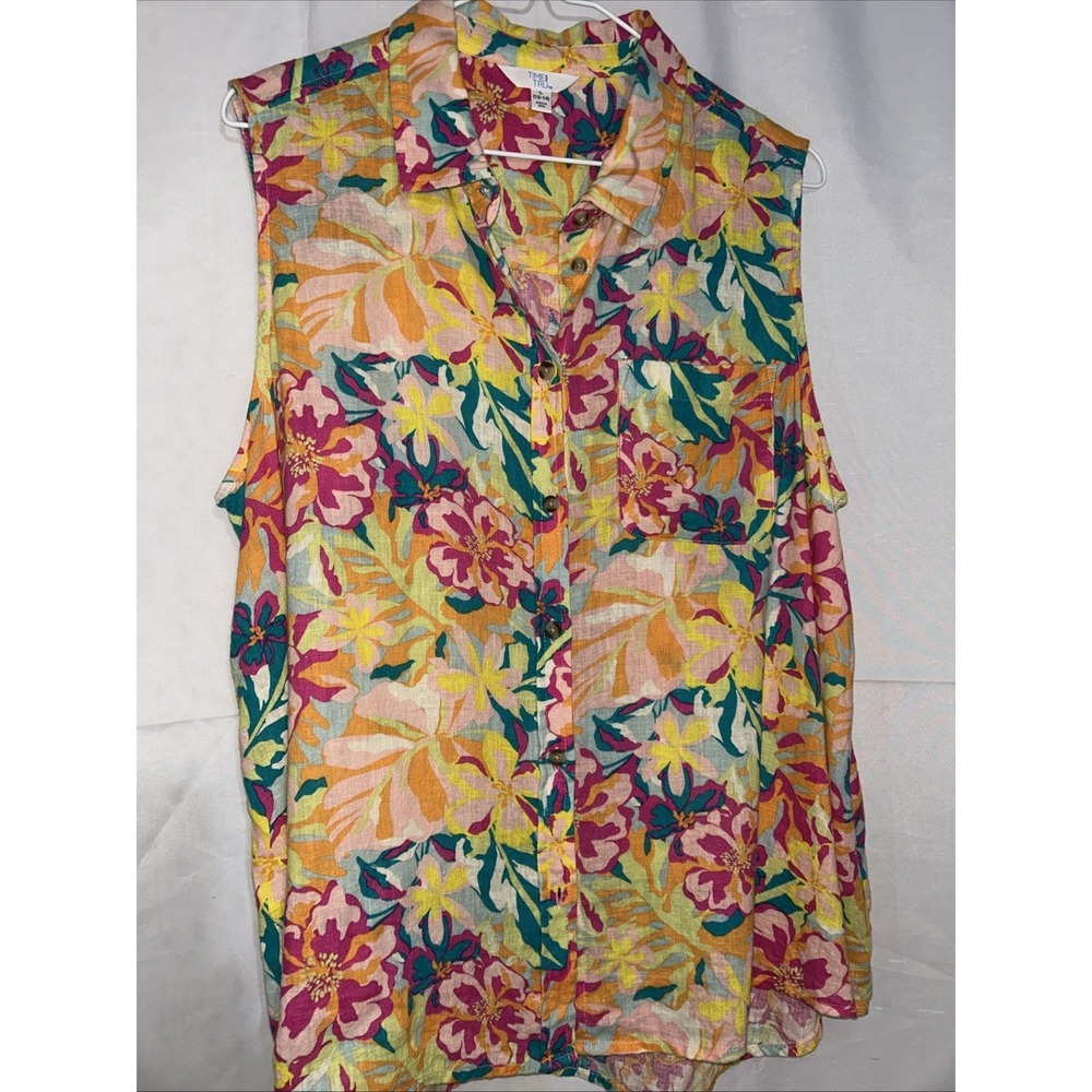 Time And Tru Women's Tropical Floral Sleeveless Linen Blend Top Size L